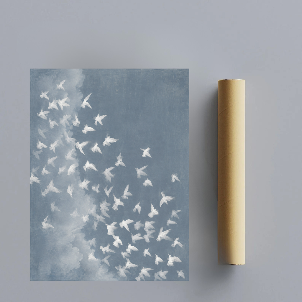 CHITRAPOTLI Udaan Landscape 01 Canvas Wall Art | White Birds in Flight Blue Sky
