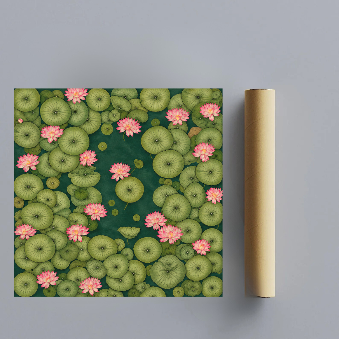 CHITRAPOTLI Padma Shanti Canvas Wall Art | Lotus Pond Botanical Painting Print |