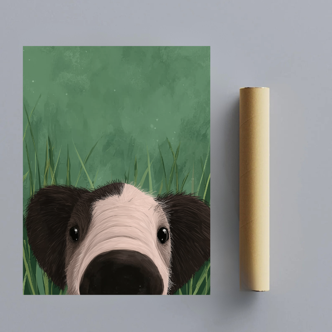 CHITRAPOTLI Curious Paws Canvas Wall Art | Peeking Puppy in Green Grass Animal Painting