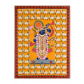 Shrinathji Pichwai art canvas with 64 cows surrounding Lord Krishna on vivid orange background, traditional Nathdwara Indian folk art