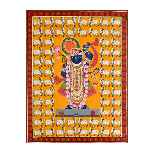 Shrinathji Pichwai art canvas with 64 cows surrounding Lord Krishna on vivid orange background, traditional Nathdwara Indian folk art