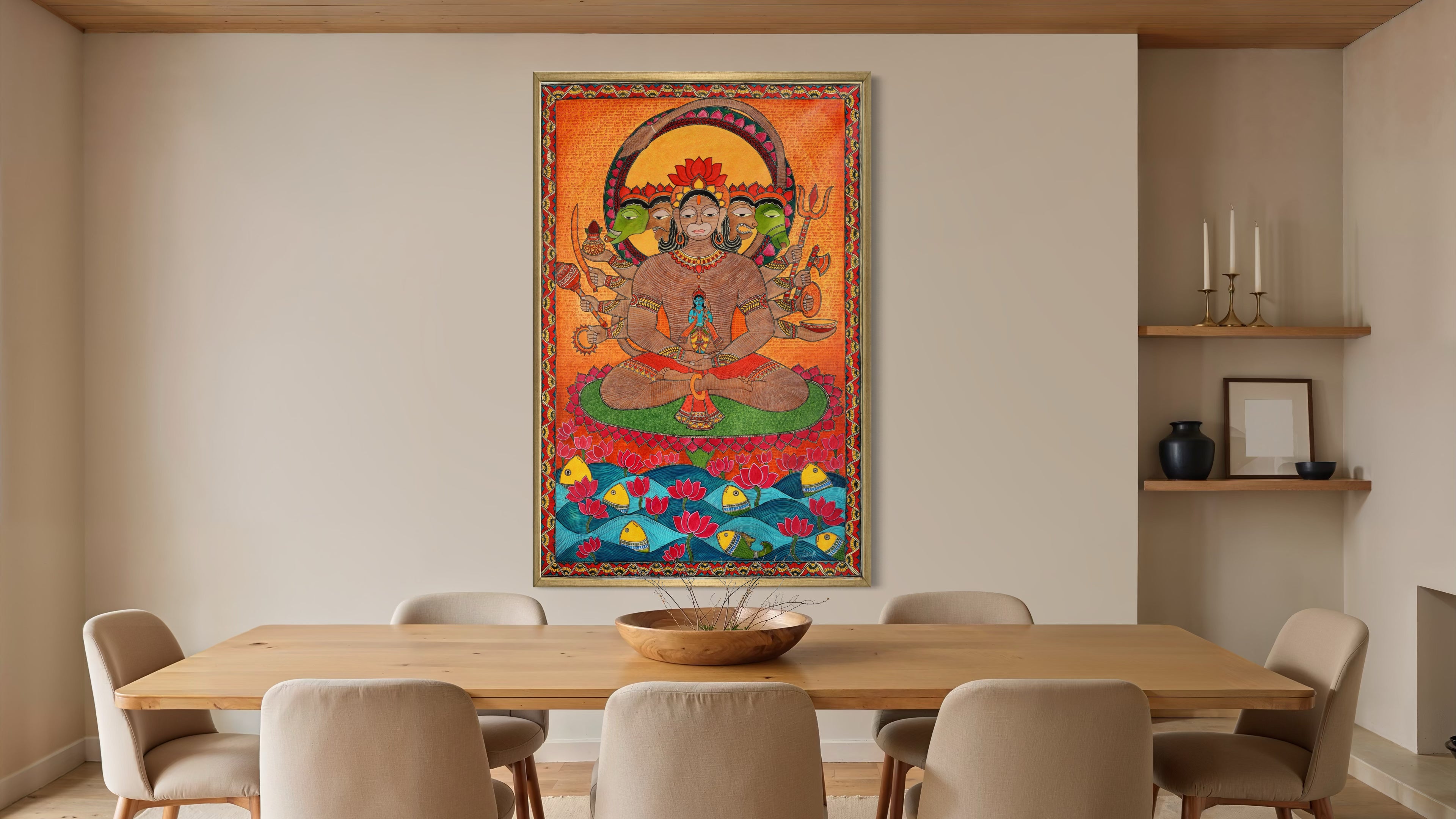 Panchmukhi Hanuman ji Painting | Vastu Art Canvas and Frame for Home & Office Décor | Indian Folk Art |