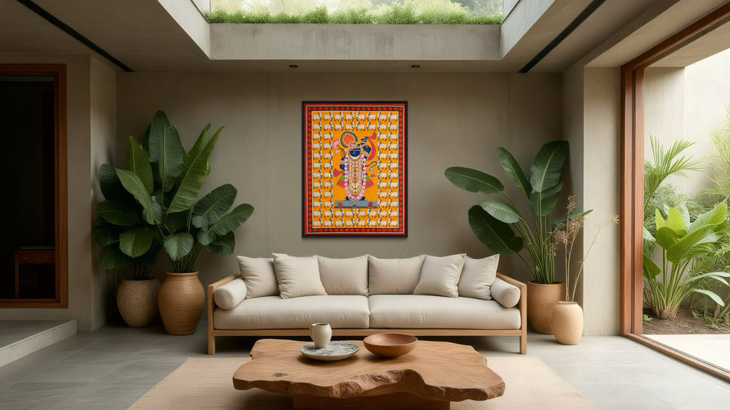 Shrinathji Pichwai Art with 64 Cows | Spiritual Indian Folk Art Canvas and Framed for Home & Office Décor
