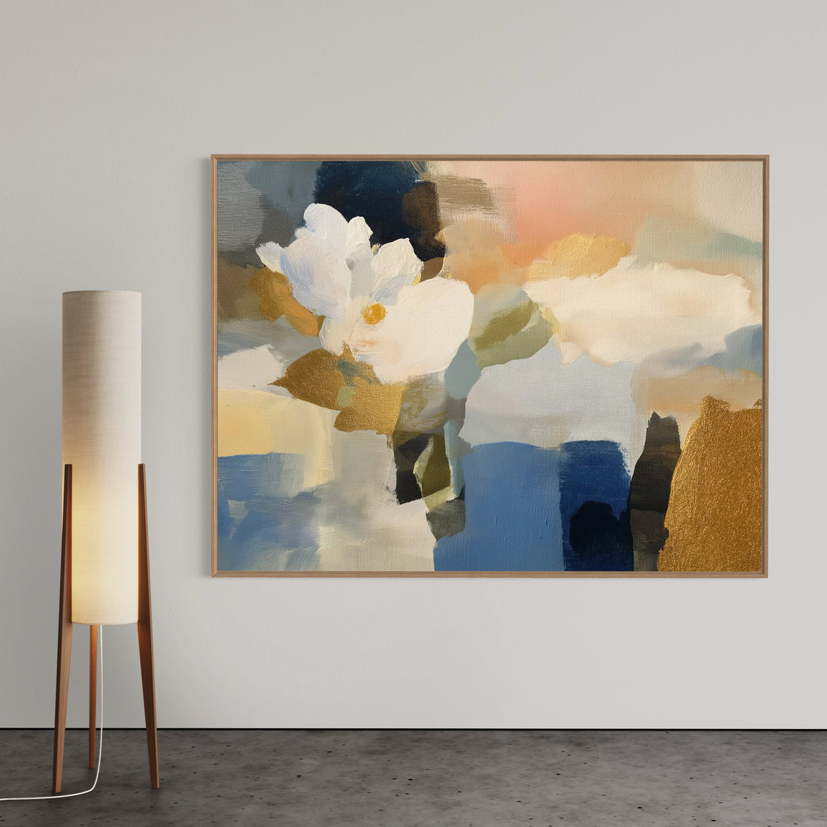 CHITRAPOTLI Golden Serenity Abstract Floral Canvas Wall Art | Luxury Gold & Blue Watercolor Canvas Print | Modern Botanical Wall Décor