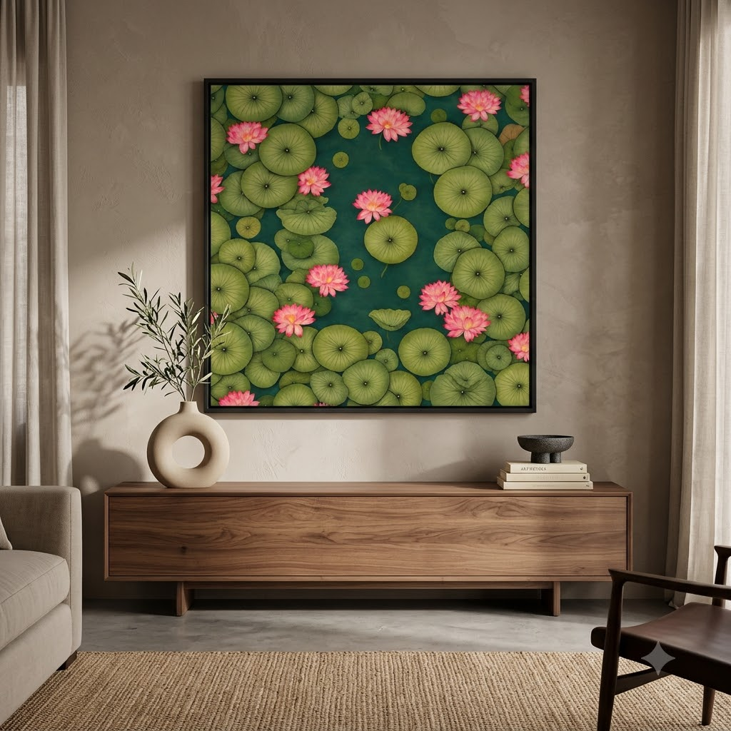 CHITRAPOTLI Padma Shanti Canvas Wall Art | Lotus Pond Botanical Painting Print |