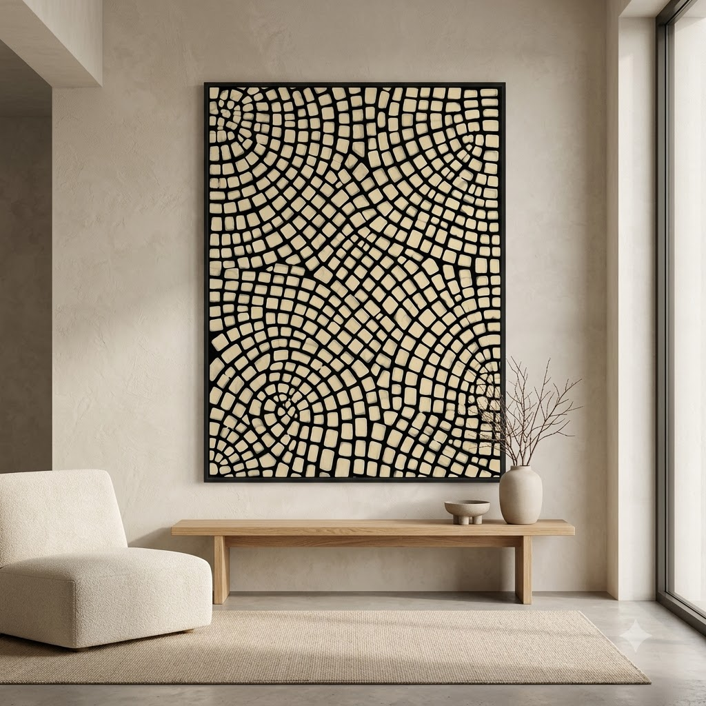 CHITRAPOTLI Monochrome Mosaic Canvas Wall Art Black Beige Geometric Mosaic Painting Modern Contemporary Wall Decor Minimalist Textured Artwork for Living Room, Bedroom Office