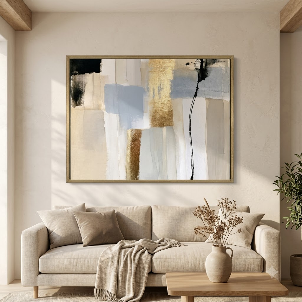 CHITRAPOTLI Neutral Harmony Abstract Canvas Wall Art | Modern Beige, Gold & Blue Abstract Painting | Luxury Minimalist Canvas Print | Contemporary Wall Décor
