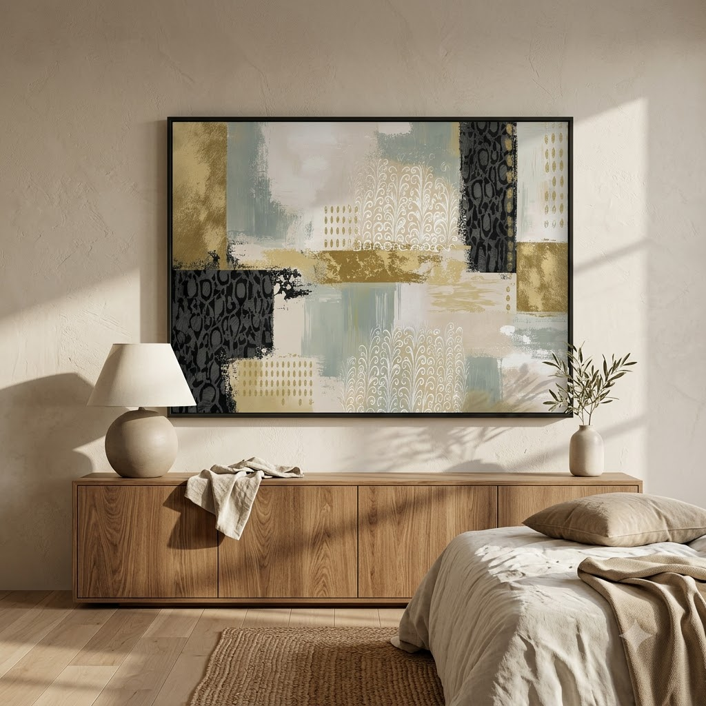 CHITRAPOTLI Gilded Botanical Harmony Abstract Canvas Wall Art Modern Gold Sage Green Grey Beige Painting Luxury Contemporary Wall Decor Decorative Canvas Print for Living Room