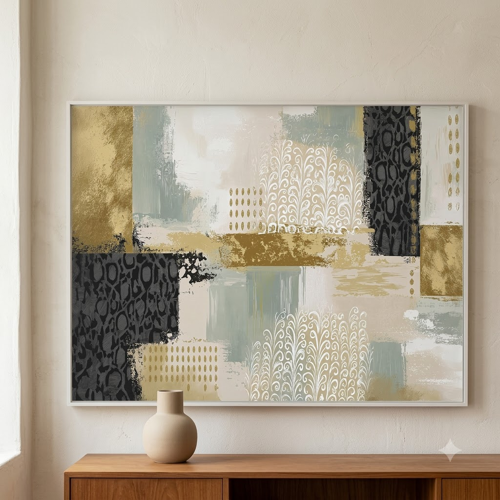 CHITRAPOTLI Gilded Botanical Harmony Abstract Canvas Wall Art Modern Gold Sage Green Grey Beige Painting Luxury Contemporary Wall Decor Decorative Canvas Print for Living Room