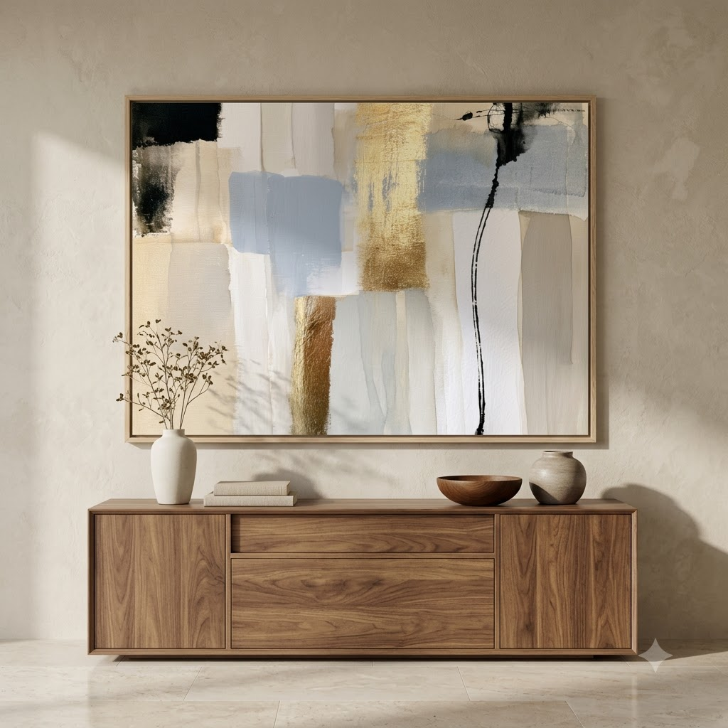CHITRAPOTLI Neutral Harmony Abstract Canvas Wall Art | Modern Beige, Gold & Blue Abstract Painting | Luxury Minimalist Canvas Print | Contemporary Wall Décor