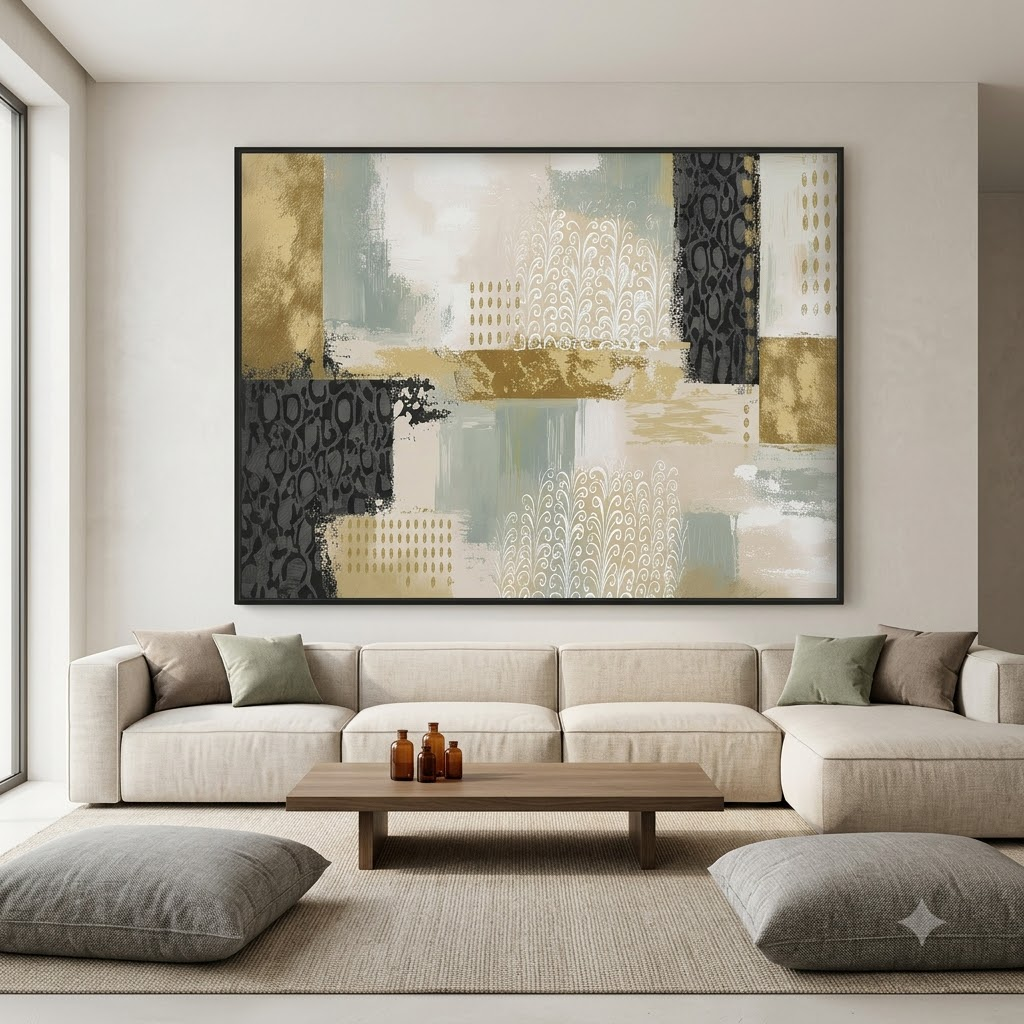 CHITRAPOTLI Gilded Botanical Harmony Abstract Canvas Wall Art Modern Gold Sage Green Grey Beige Painting Luxury Contemporary Wall Decor Decorative Canvas Print for Living Room