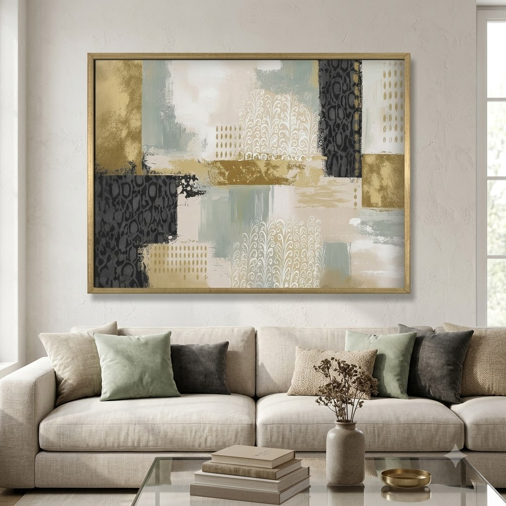 CHITRAPOTLI Gilded Botanical Harmony Abstract Canvas Wall Art Modern Gold Sage Green Grey Beige Painting Luxury Contemporary Wall Decor Decorative Canvas Print for Living Room