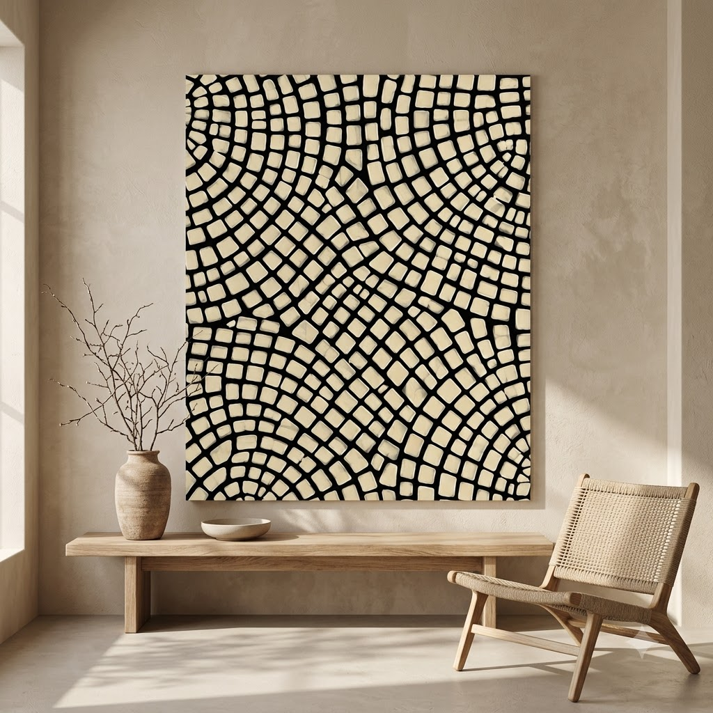 CHITRAPOTLI Monochrome Mosaic Canvas Wall Art Black Beige Geometric Mosaic Painting Modern Contemporary Wall Decor Minimalist Textured Artwork for Living Room, Bedroom Office
