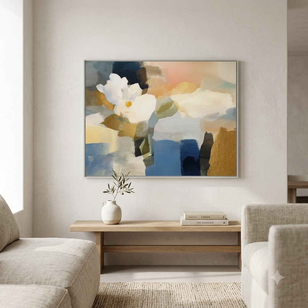 CHITRAPOTLI Golden Serenity Abstract Floral Canvas Wall Art | Luxury Gold & Blue Watercolor Canvas Print | Modern Botanical Wall Décor