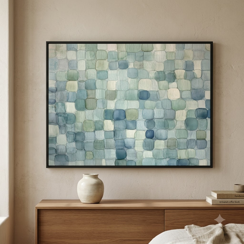 CHITRAPOTLI Coastal Mosaic Abstract Canvas Wall Art Blue Sage Green Ivory Modern Abstract Painting Minimalist Geometric Canvas Print