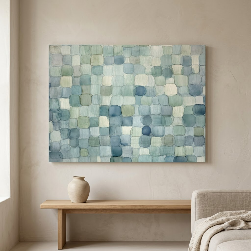 CHITRAPOTLI Coastal Mosaic Abstract Canvas Wall Art Blue Sage Green Ivory Modern Abstract Painting Minimalist Geometric Canvas Print