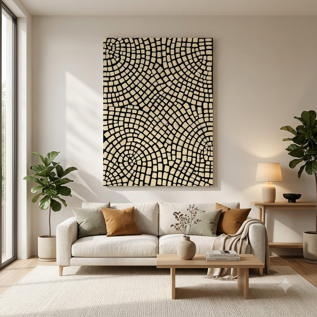 CHITRAPOTLI Monochrome Mosaic Canvas Wall Art Black Beige Geometric Mosaic Painting Modern Contemporary Wall Decor Minimalist Textured Artwork for Living Room, Bedroom Office