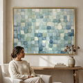 CHITRAPOTLI Coastal Mosaic Abstract Canvas Wall Art Blue Sage Green Ivory Modern Abstract Painting Minimalist Geometric Canvas Print