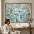 CHITRAPOTLI Coastal Mosaic Abstract Canvas Wall Art Blue Sage Green Ivory Modern Abstract Painting Minimalist Geometric Canvas Print