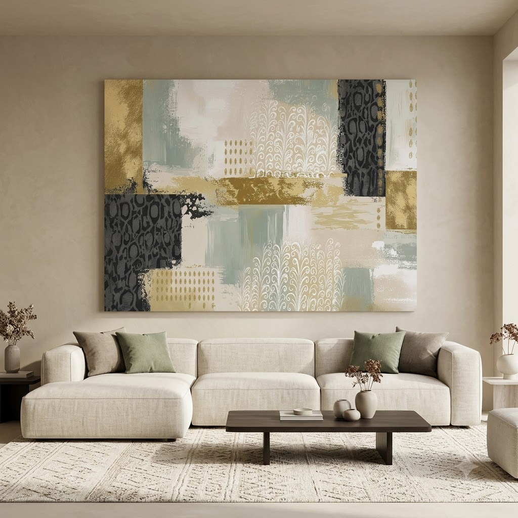 CHITRAPOTLI Gilded Botanical Harmony Abstract Canvas Wall Art Modern Gold Sage Green Grey Beige Painting Luxury Contemporary Wall Decor Decorative Canvas Print for Living Room