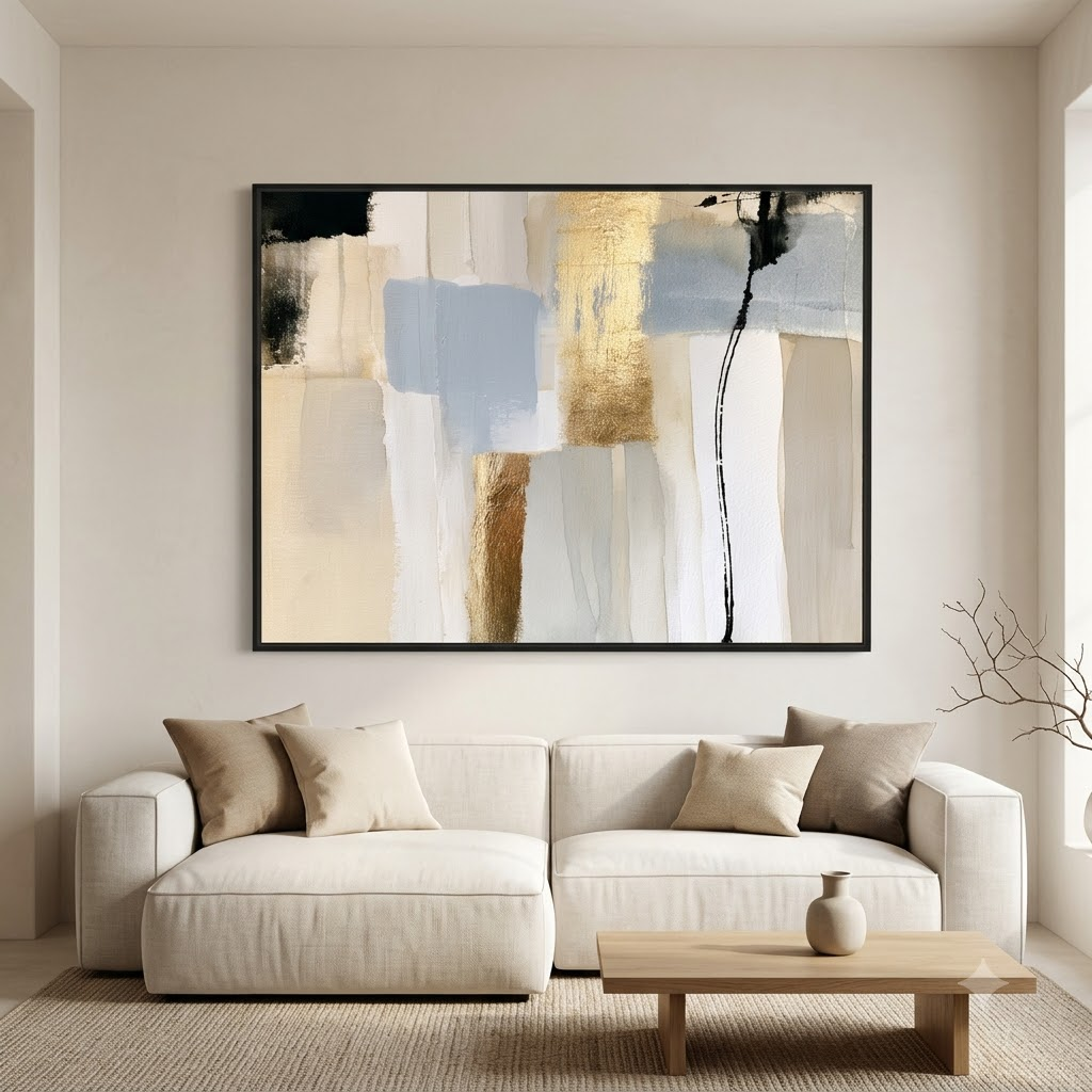 CHITRAPOTLI Neutral Harmony Abstract Canvas Wall Art | Modern Beige, Gold & Blue Abstract Painting | Luxury Minimalist Canvas Print | Contemporary Wall Décor