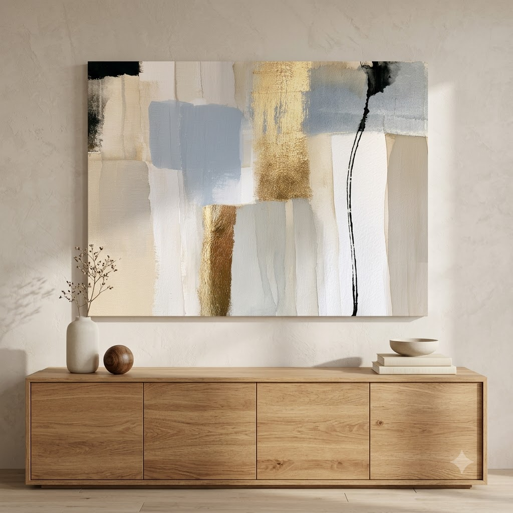 CHITRAPOTLI Neutral Harmony Abstract Canvas Wall Art | Modern Beige, Gold & Blue Abstract Painting | Luxury Minimalist Canvas Print | Contemporary Wall Décor