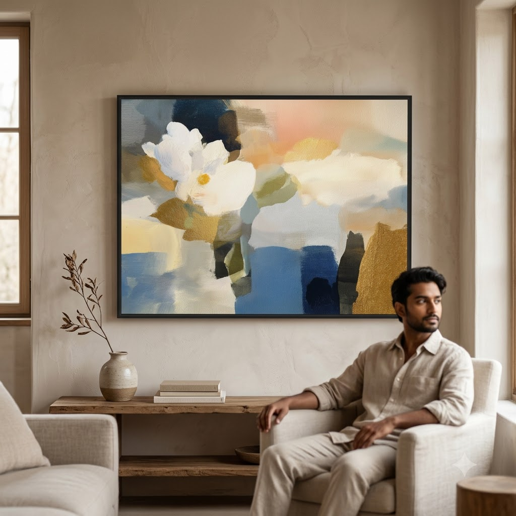 CHITRAPOTLI Golden Serenity Abstract Floral Canvas Wall Art | Luxury Gold & Blue Watercolor Canvas Print | Modern Botanical Wall Décor