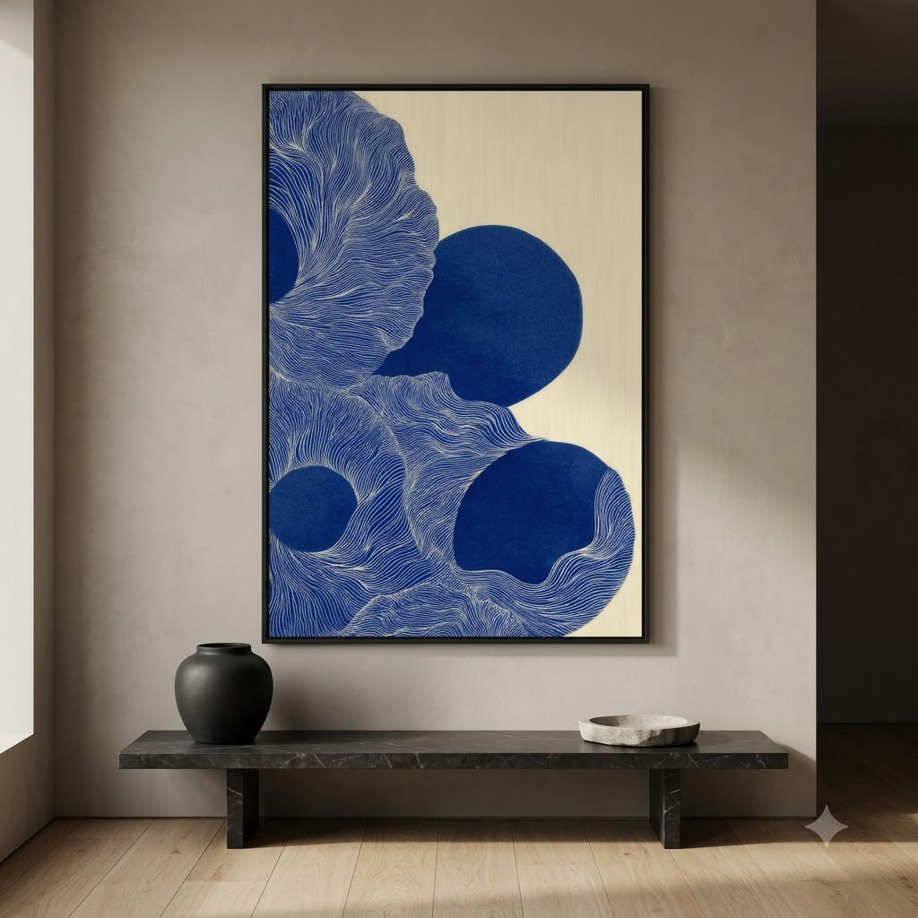 CHITRAPOTLI Indigo Flow Abstract Canvas Wall Art | Blue and White Modern Abstract Painting | Minimalist Geometric Line Art Canvas Print | Contemporary Wall Décor