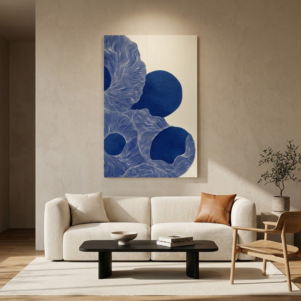 CHITRAPOTLI Indigo Flow Abstract Canvas Wall Art | Blue and White Modern Abstract Painting | Minimalist Geometric Line Art Canvas Print | Contemporary Wall Décor