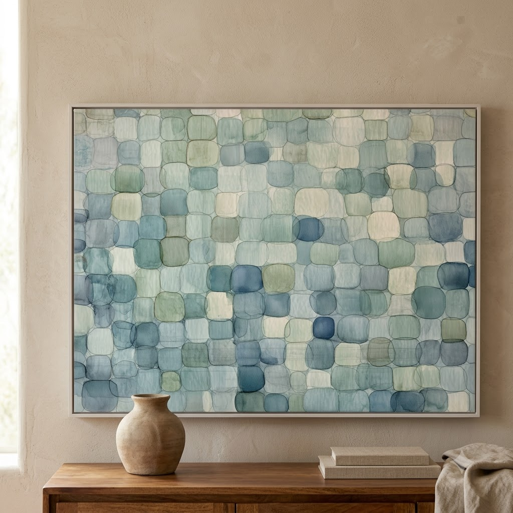CHITRAPOTLI Coastal Mosaic Abstract Canvas Wall Art Blue Sage Green Ivory Modern Abstract Painting Minimalist Geometric Canvas Print