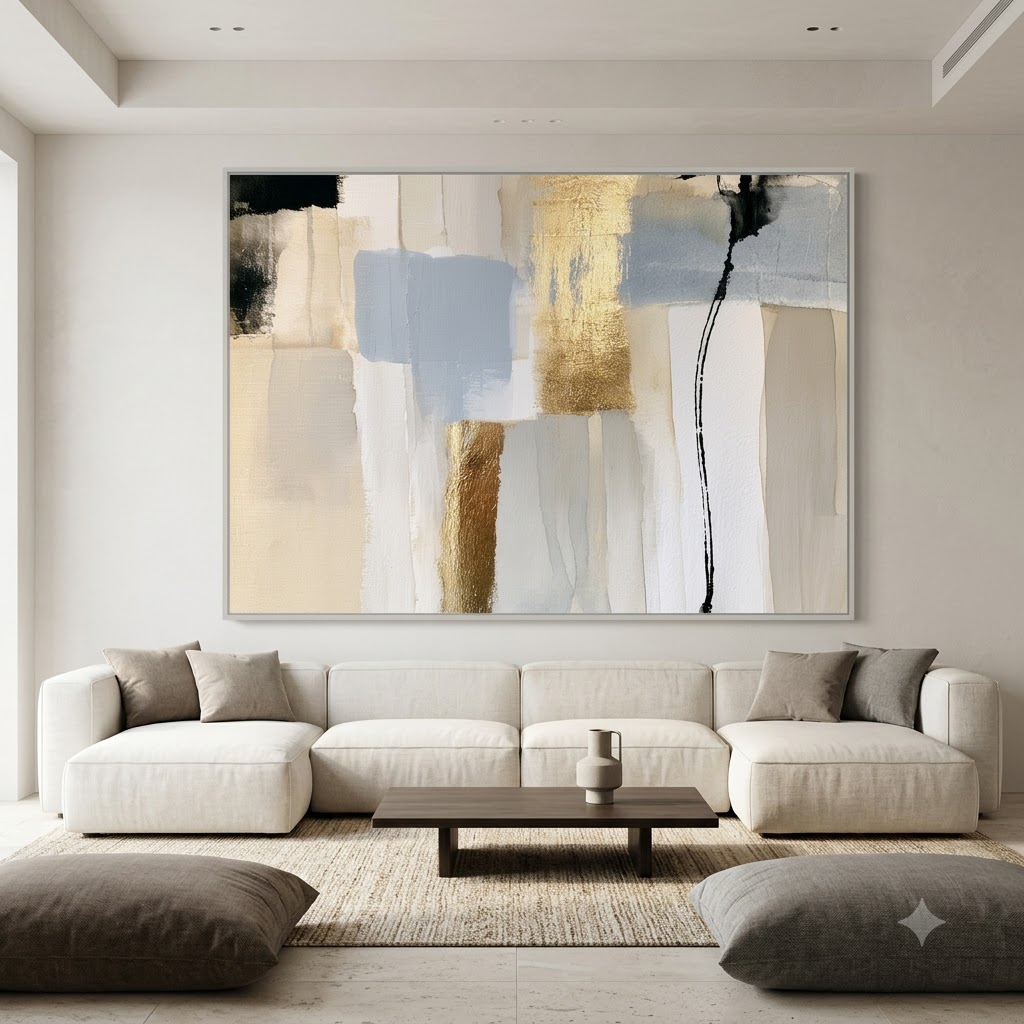 CHITRAPOTLI Neutral Harmony Abstract Canvas Wall Art | Modern Beige, Gold & Blue Abstract Painting | Luxury Minimalist Canvas Print | Contemporary Wall Décor