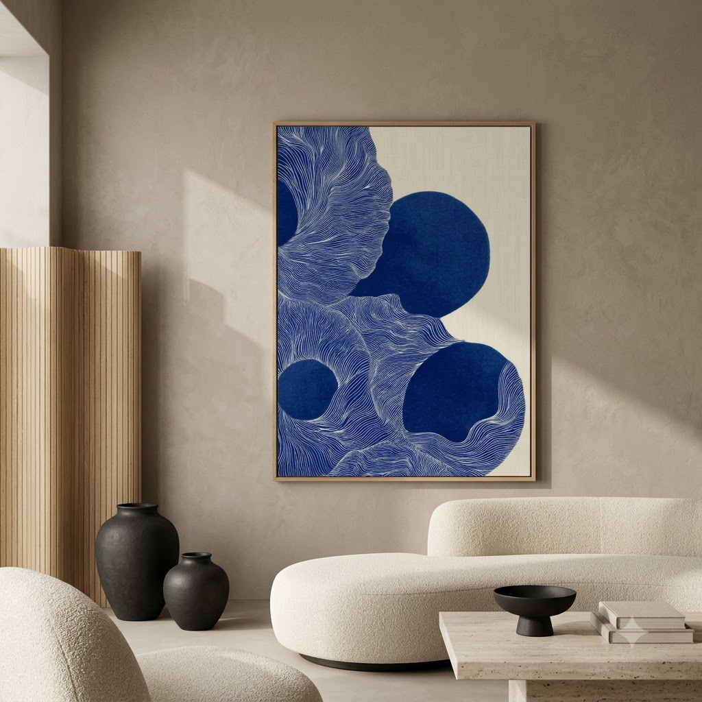CHITRAPOTLI Indigo Flow Abstract Canvas Wall Art | Blue and White Modern Abstract Painting | Minimalist Geometric Line Art Canvas Print | Contemporary Wall Décor