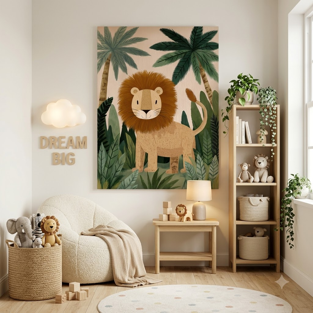 CHITRAPOTLI Jungle King Leo Canvas Wall Art | Cute Lion Canvas Print for Kids Room | Safari Animal Nursery Decor | Tropical Jungle Wall Art | Lion Illustration