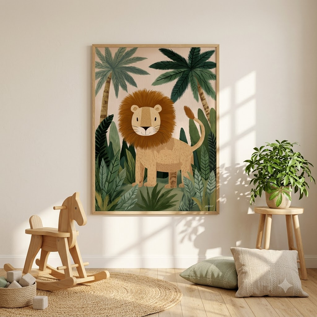 CHITRAPOTLI Jungle King Leo Canvas Wall Art | Cute Lion Canvas Print for Kids Room | Safari Animal Nursery Decor | Tropical Jungle Wall Art | Lion Illustration