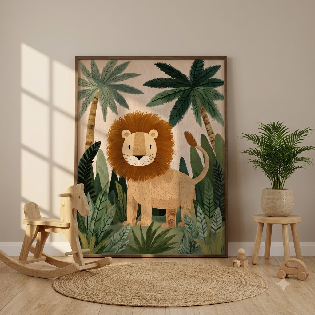 CHITRAPOTLI Jungle King Leo Canvas Wall Art | Cute Lion Canvas Print for Kids Room | Safari Animal Nursery Decor | Tropical Jungle Wall Art | Lion Illustration