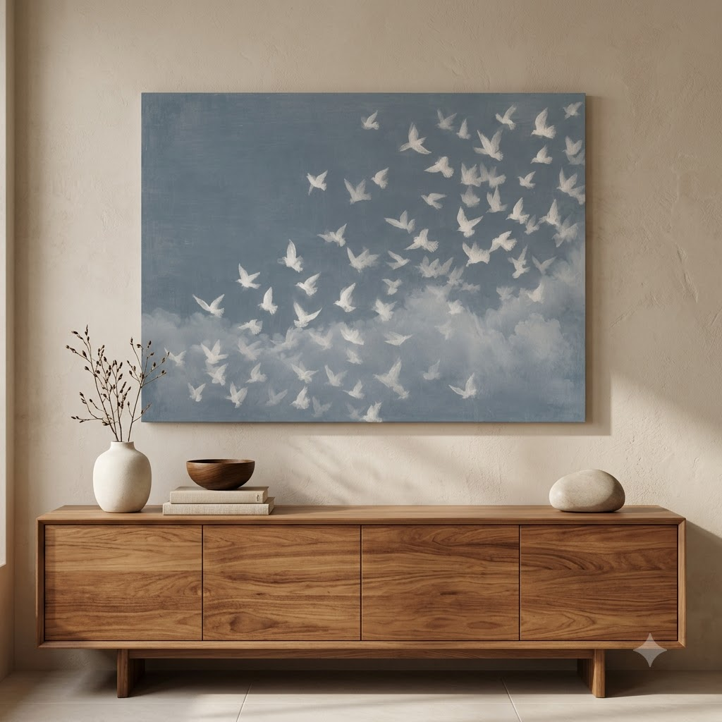 CHITRAPOTLI Udaan Landscape 01 Canvas Wall Art | White Birds in Flight Blue Sky