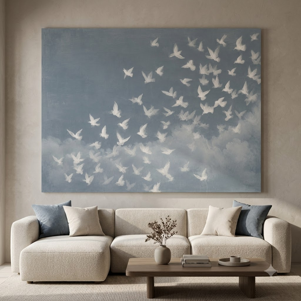 CHITRAPOTLI Udaan Landscape 01 Canvas Wall Art | White Birds in Flight Blue Sky
