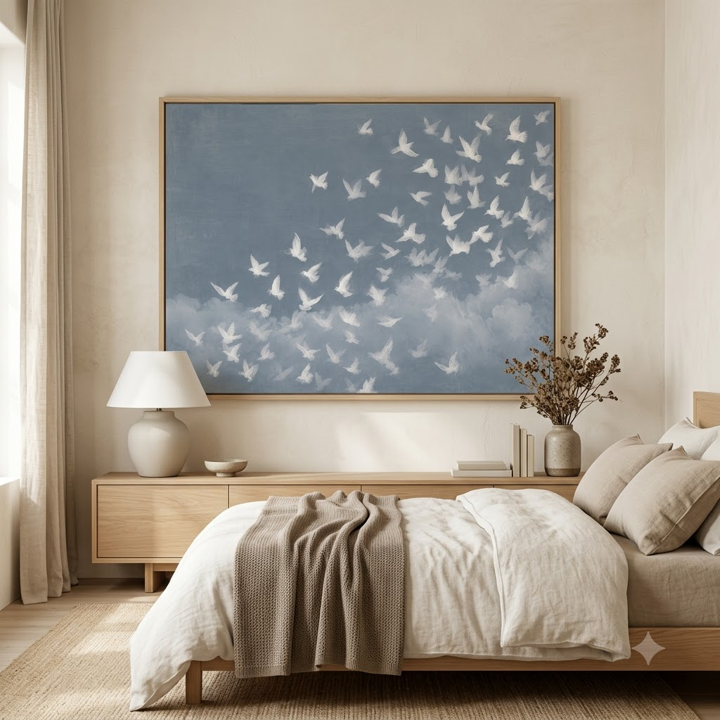 CHITRAPOTLI Udaan Landscape 01 Canvas Wall Art | White Birds in Flight Blue Sky
