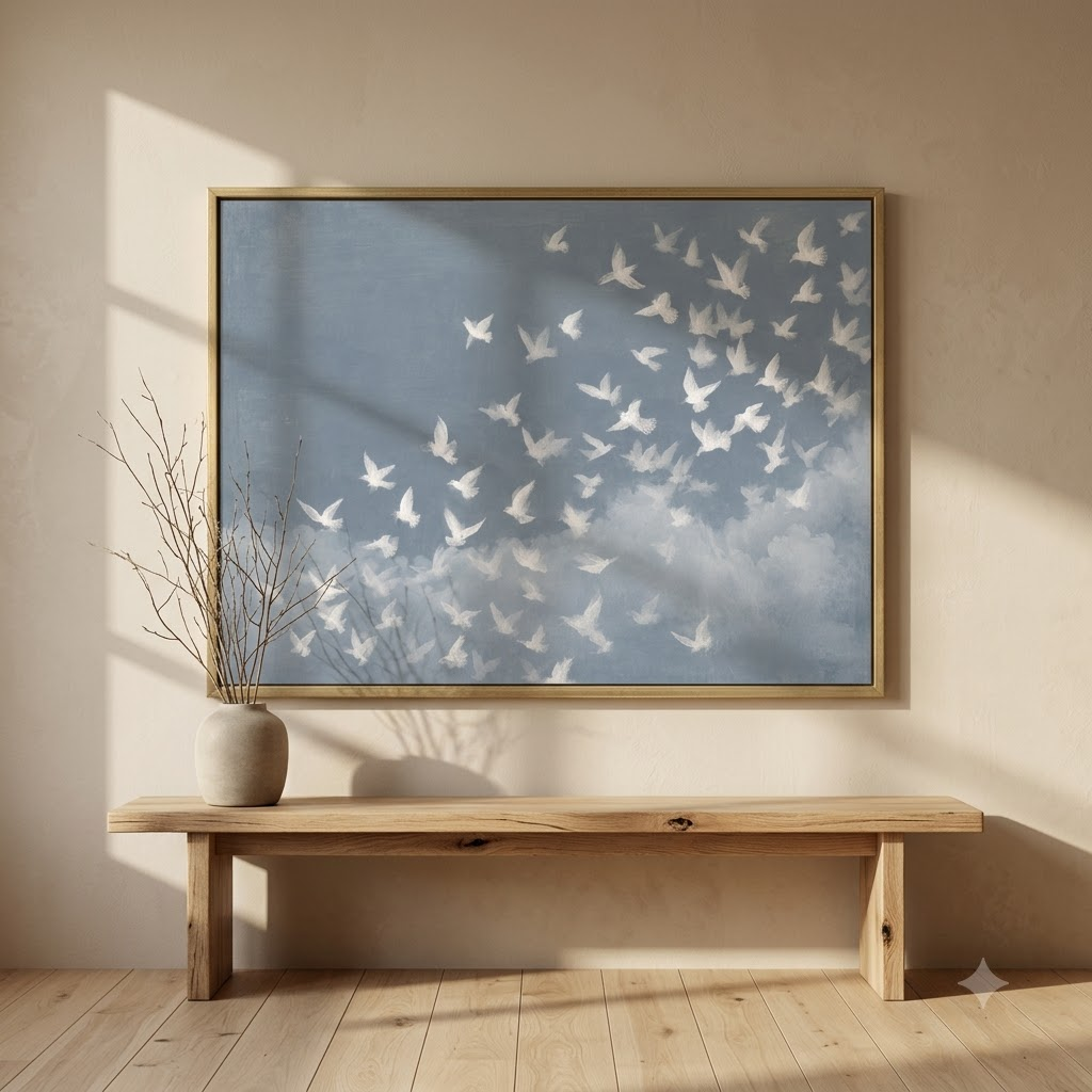CHITRAPOTLI Udaan Landscape 01 Canvas Wall Art | White Birds in Flight Blue Sky
