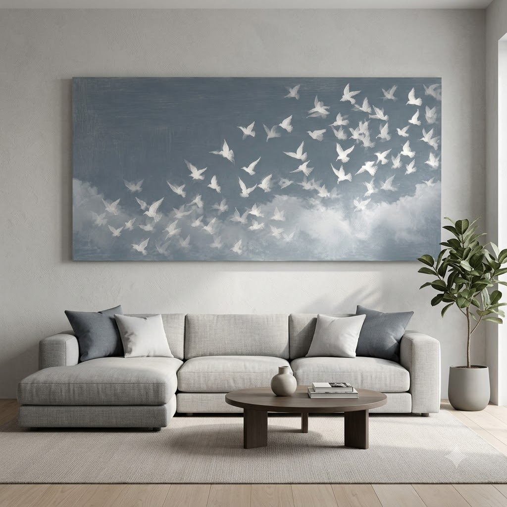 CHITRAPOTLI Udaan Landscape 02 Canvas Wall Art | White Birds in Flight Blue Sky