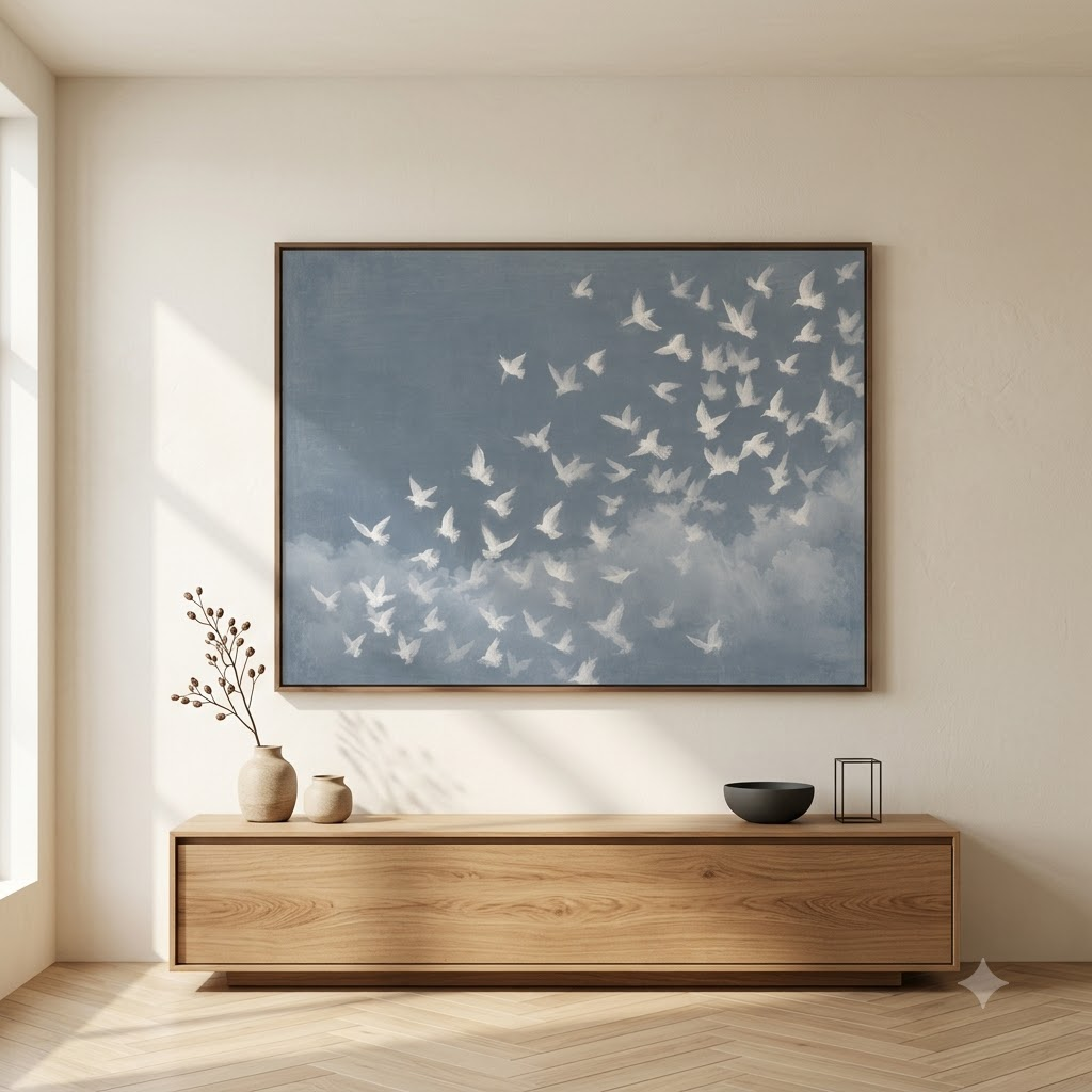 CHITRAPOTLI Udaan Landscape 01 Canvas Wall Art | White Birds in Flight Blue Sky