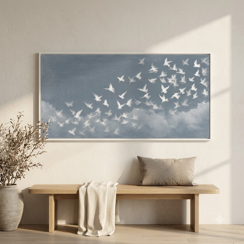 CHITRAPOTLI Udaan Landscape 02 Canvas Wall Art | White Birds in Flight Blue Sky