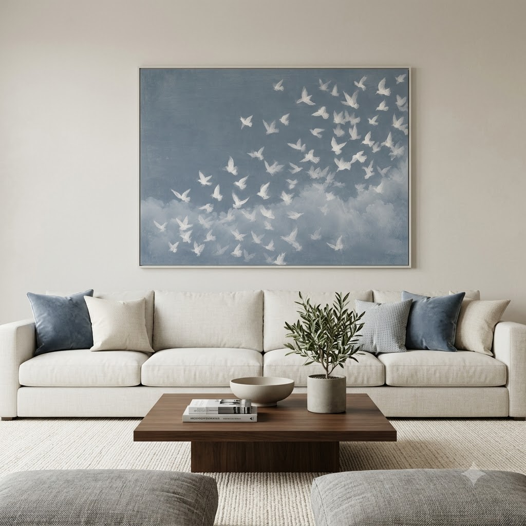 CHITRAPOTLI Udaan Landscape 01 Canvas Wall Art | White Birds in Flight Blue Sky