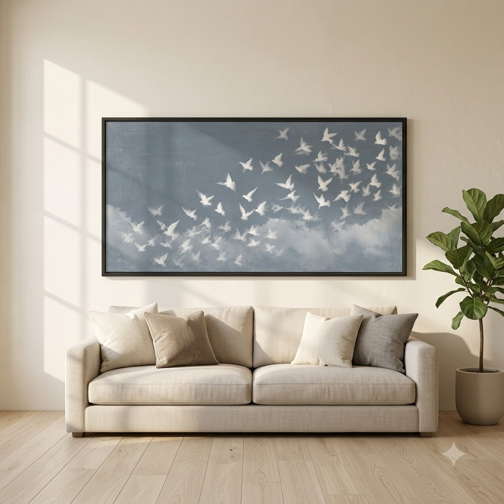 CHITRAPOTLI Udaan Landscape 02 Canvas Wall Art | White Birds in Flight Blue Sky