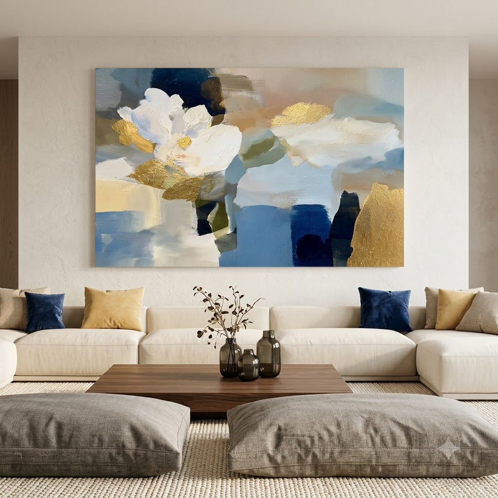 CHITRAPOTLI Golden Serenity Abstract Floral Canvas Wall Art | Luxury Gold & Blue Watercolor Canvas Print | Modern Botanical Wall Décor