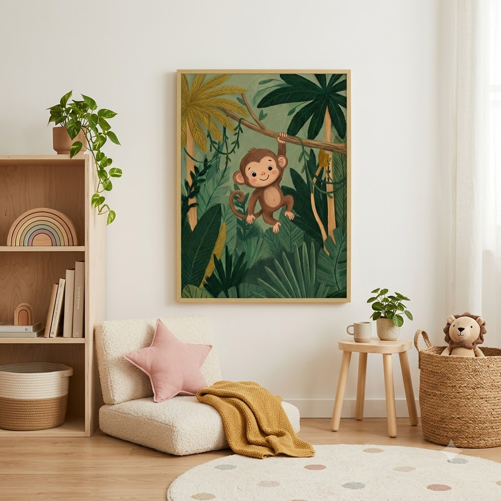 CHITRAPOTLI Joyful Monkey – Jungle Nursery Canvas Wall Art | Baby Monkey Kids Room