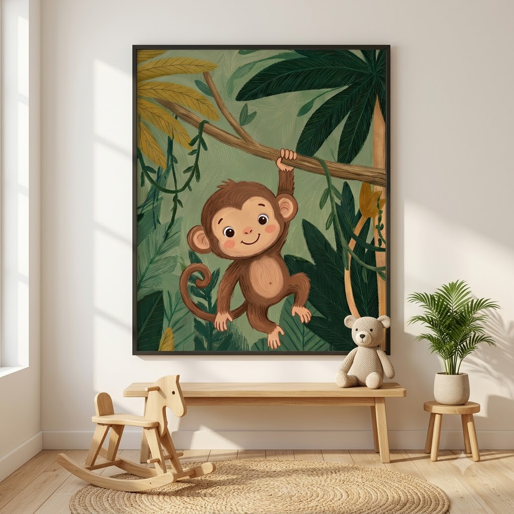 CHITRAPOTLI Joyful Monkey – Jungle Nursery Canvas Wall Art | Baby Monkey Kids Room