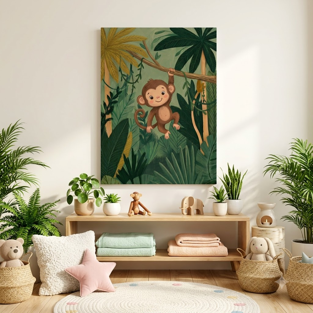 CHITRAPOTLI Joyful Monkey – Jungle Nursery Canvas Wall Art | Baby Monkey Kids Room