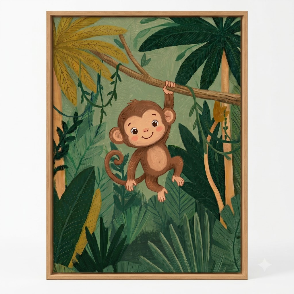 CHITRAPOTLI Joyful Monkey – Jungle Nursery Canvas Wall Art | Baby Monkey Kids Room