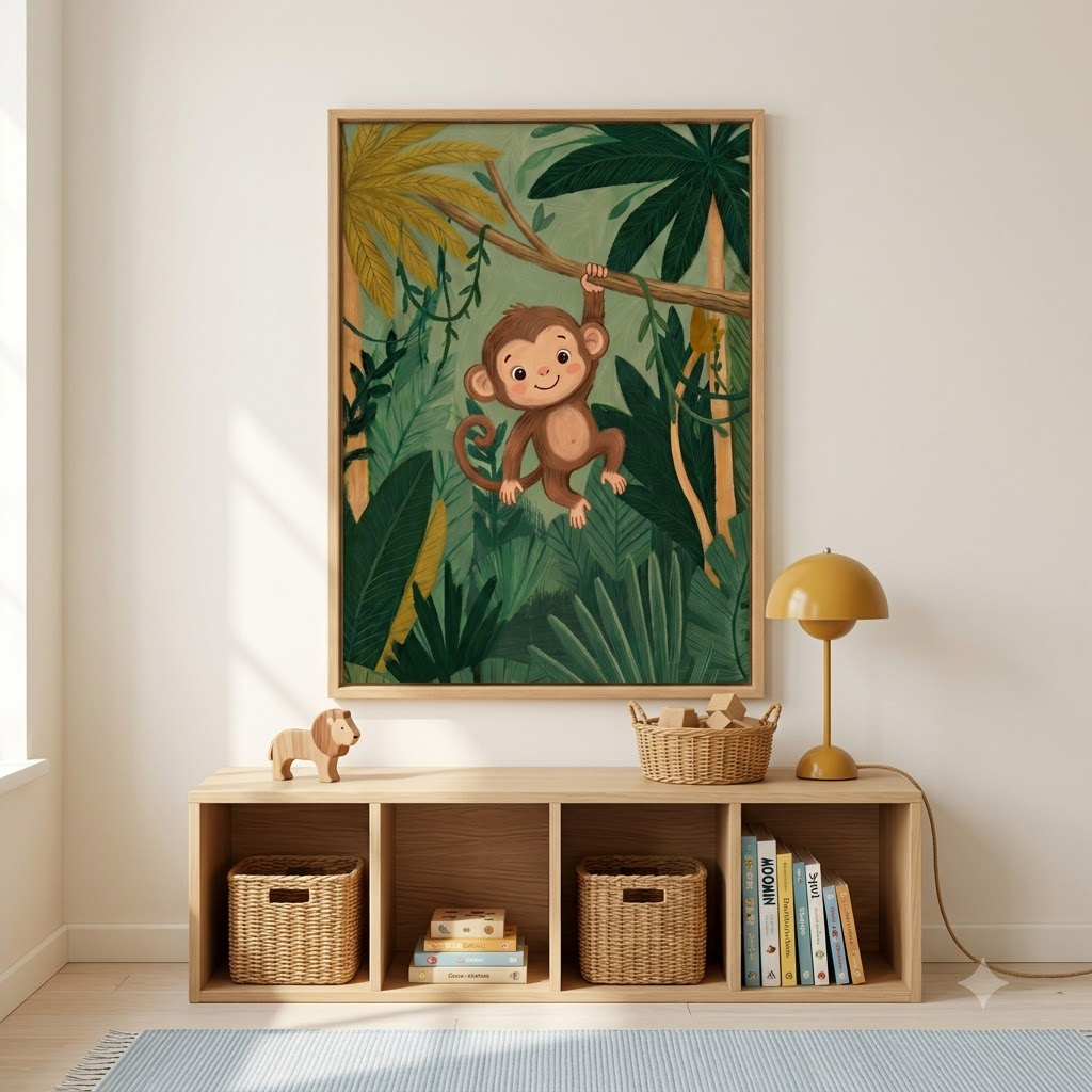 CHITRAPOTLI Joyful Monkey – Jungle Nursery Canvas Wall Art | Baby Monkey Kids Room